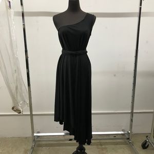 Black One Shoulder Asymmetrical Belted Dress
